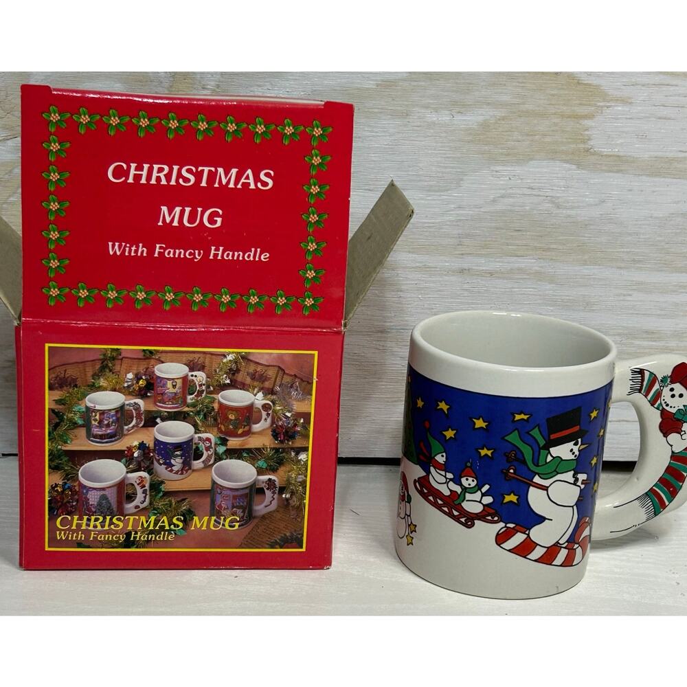 Snowman Christmas Ceramic Mug New In Box Skiing Snowmen Holiday Mug